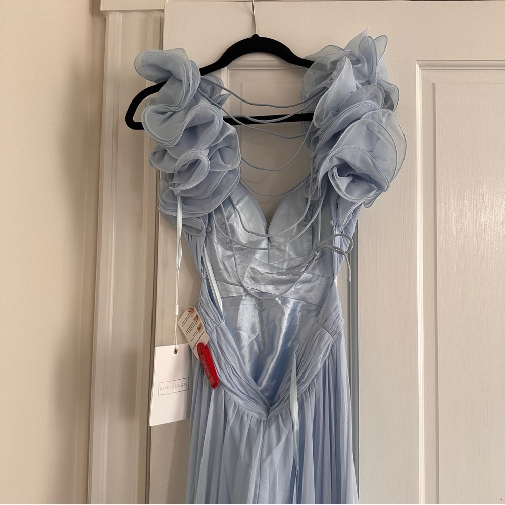NWT Mac Duggal 67911 Light Blue Ruffle Tiered Cut-Out Chiffon Gown - Picture 5 of 7